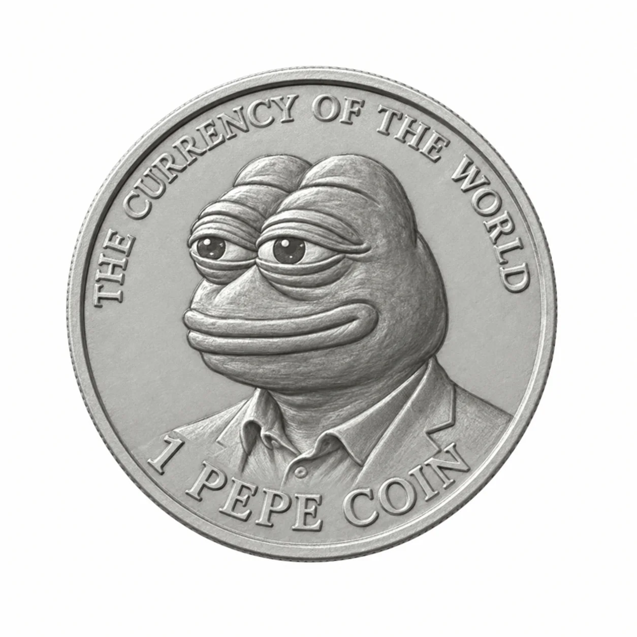 A silver coin engraved with Pepe the Frog wearing a jacket